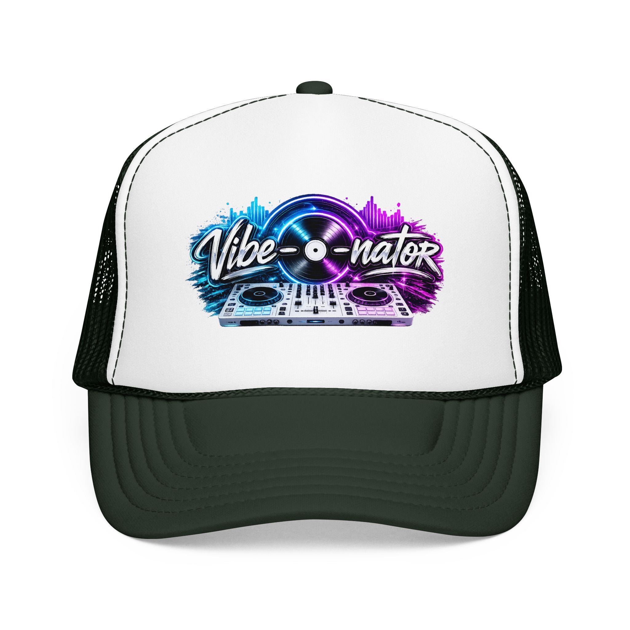 Vibe-nator Trucker Hat — Neon DJ Turntable Foam Hat