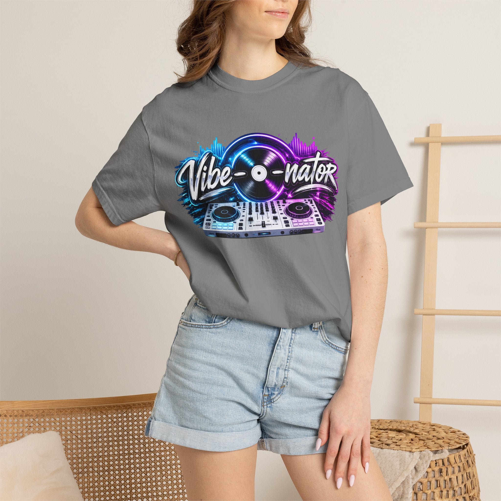 Vibe-o-nator DJ Turntable T-Shirt — Retro Neon Music Tee for DJs & Music Lovers