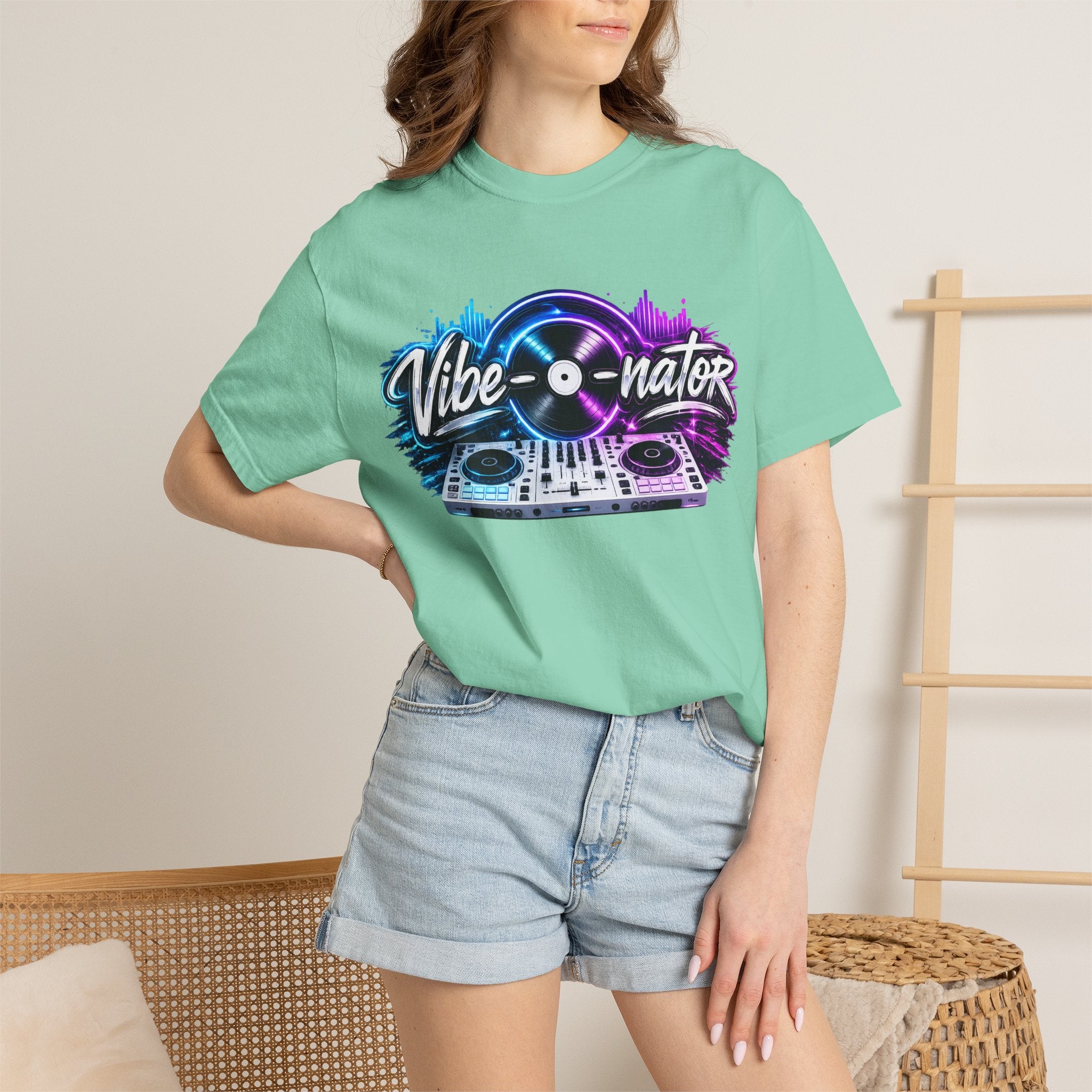 Vibe-o-nator DJ Turntable T-Shirt — Retro Neon Music Tee for DJs & Music Lovers