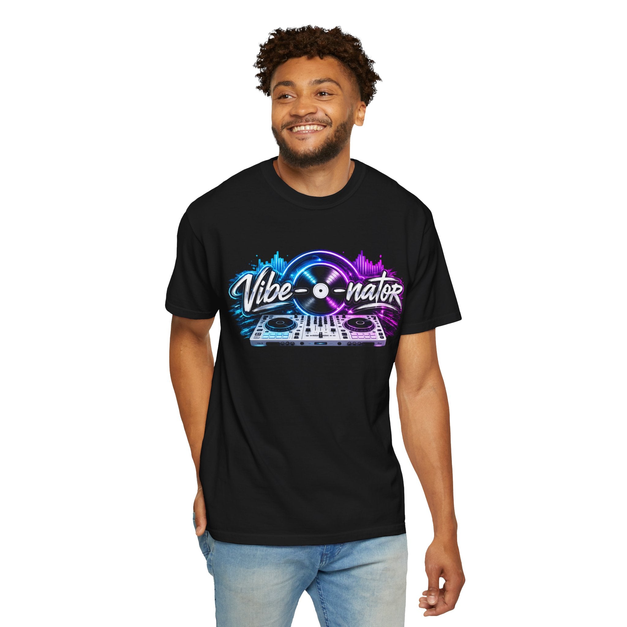 Vibe-o-nator DJ Turntable T-Shirt — Retro Neon Music Tee for DJs & Music Lovers
