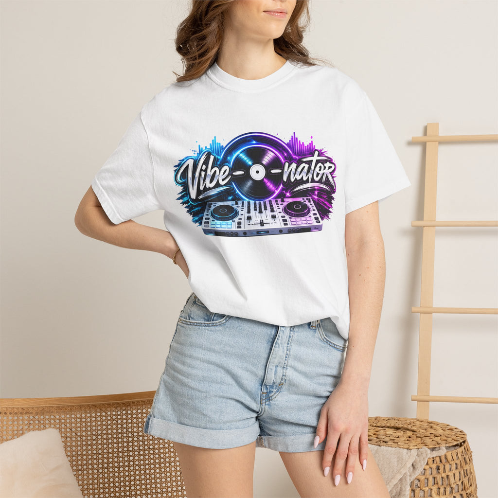 Vibe-o-nator DJ Turntable T-Shirt — Retro Neon Music Tee for DJs & Music Lovers