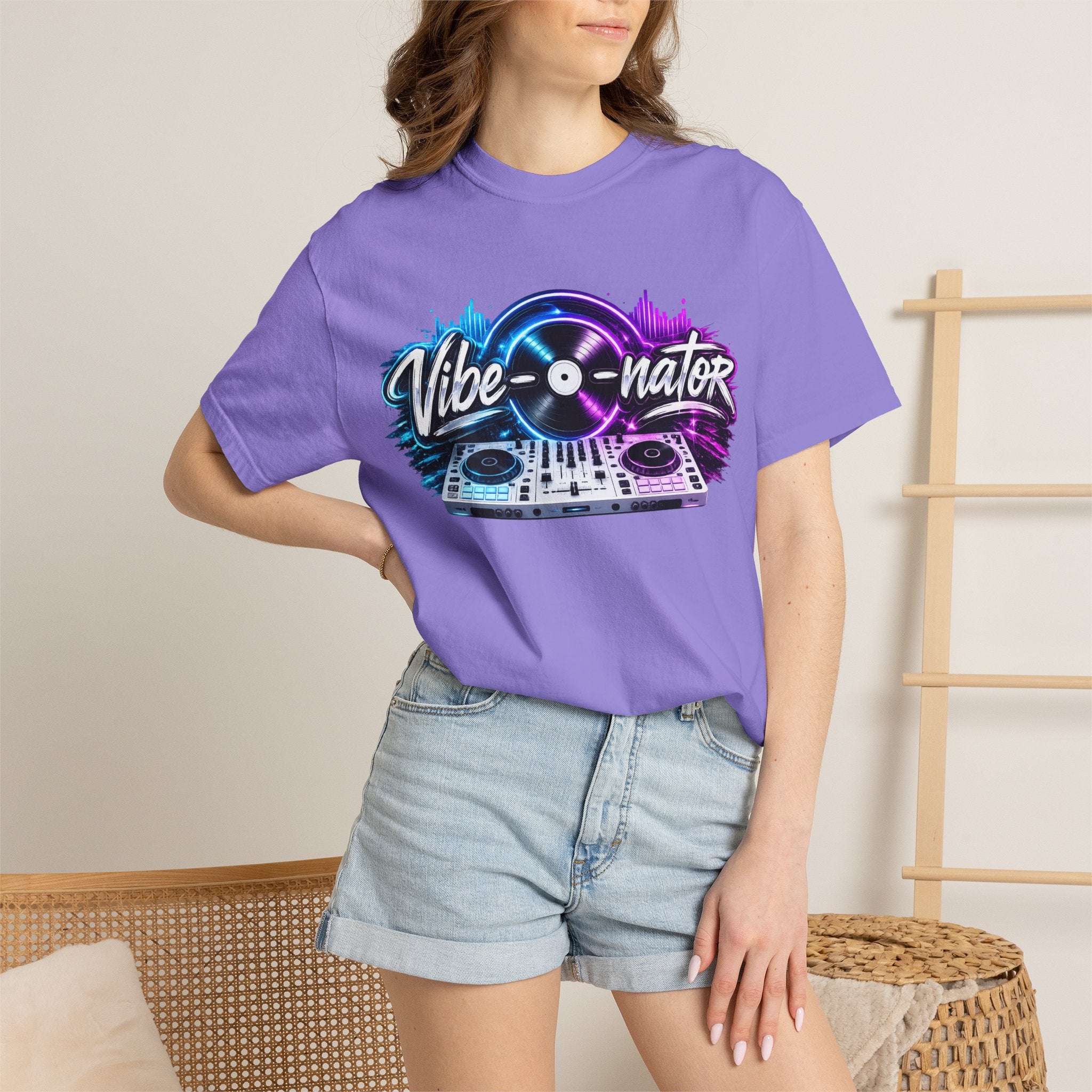 Vibe-o-nator DJ Turntable T-Shirt — Retro Neon Music Tee for DJs & Music Lovers
