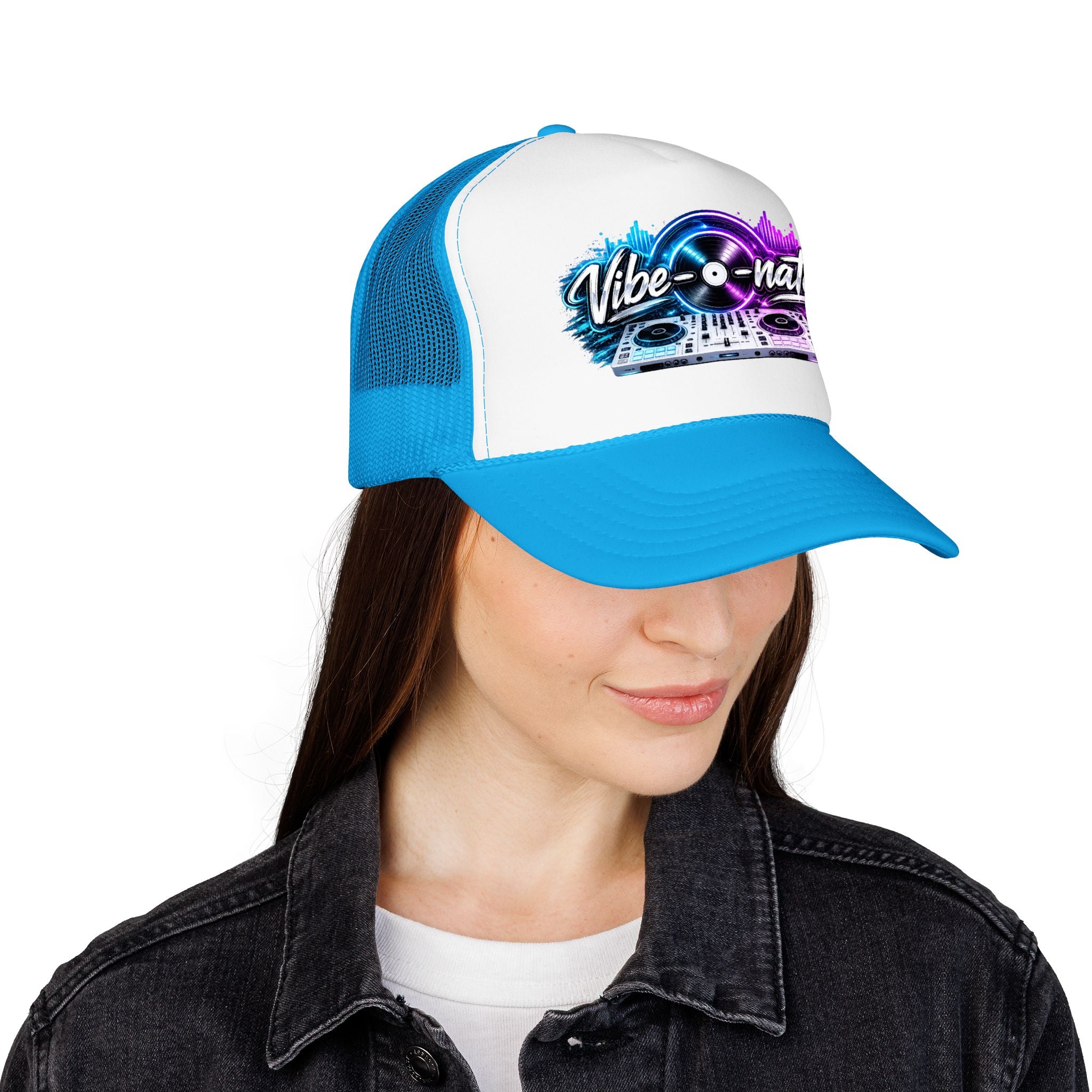Vibe-nator Trucker Hat — Neon DJ Turntable Foam Hat