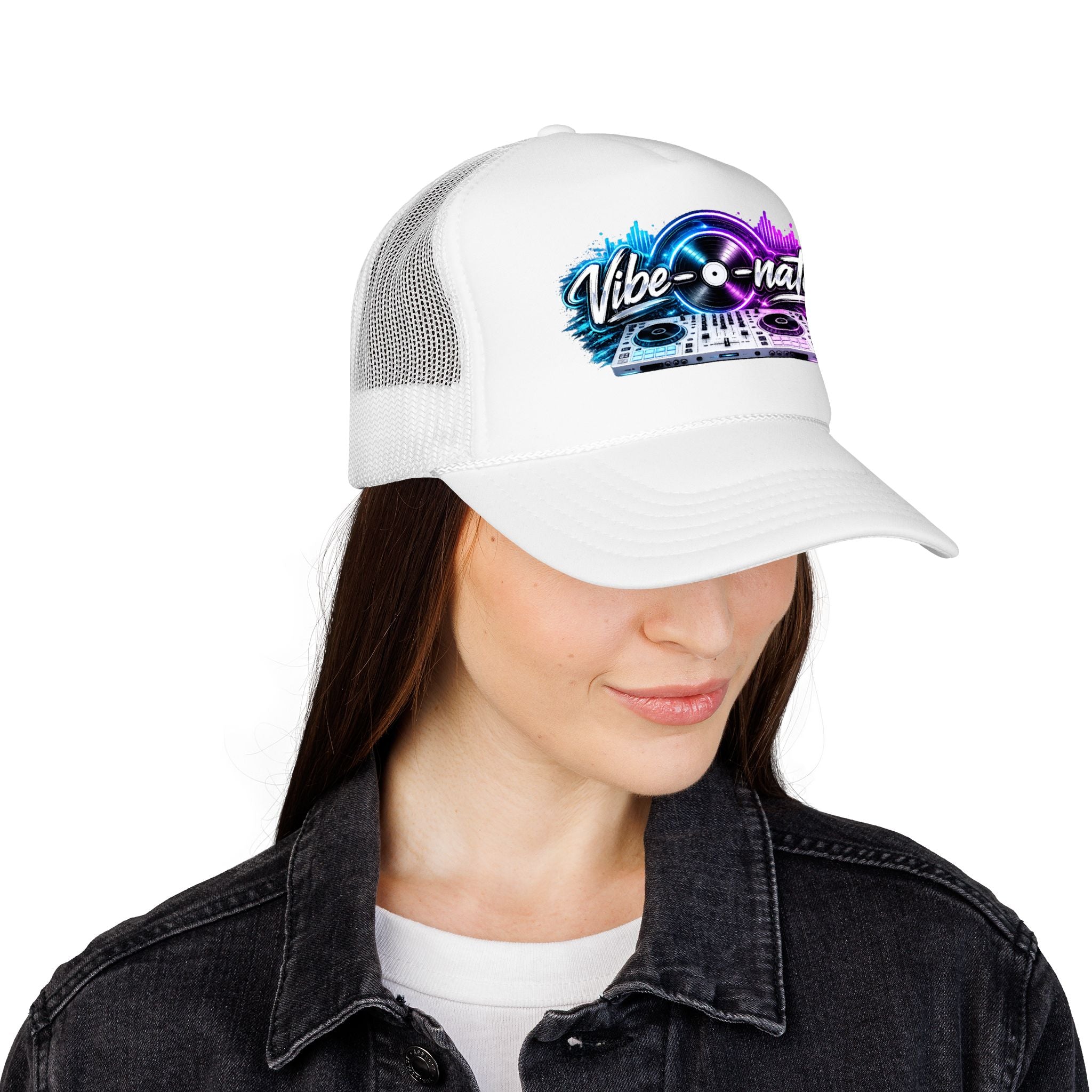 Vibe-nator Trucker Hat — Neon DJ Turntable Foam Hat
