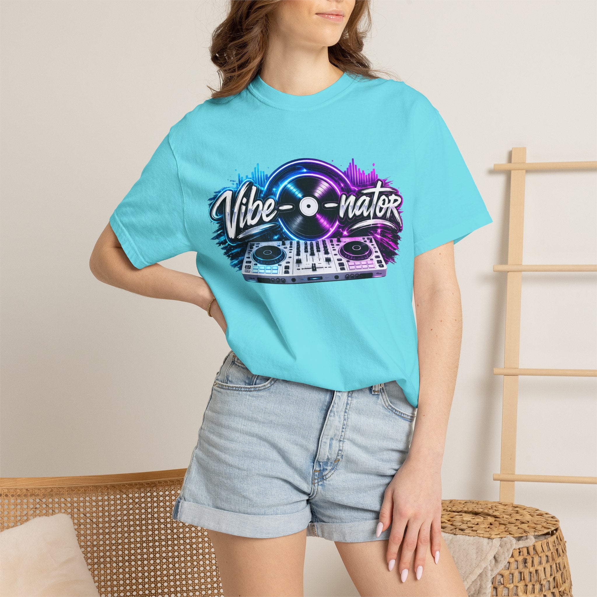 Vibe-o-nator DJ Turntable T-Shirt — Retro Neon Music Tee for DJs & Music Lovers