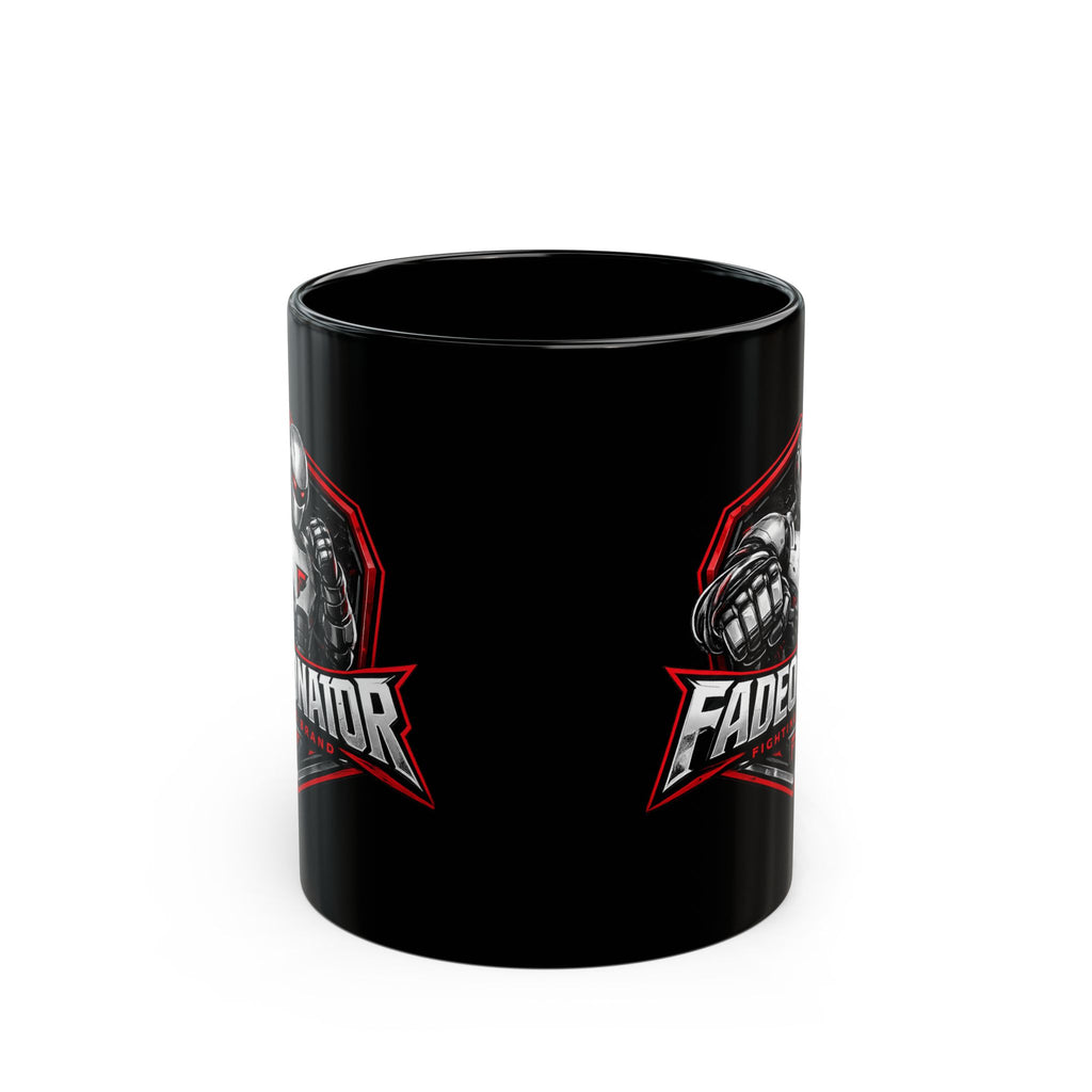 Fadeonator Fighting Brand Black Mug — Robotic Fighter Logo Coffee Cup (11oz/15oz)