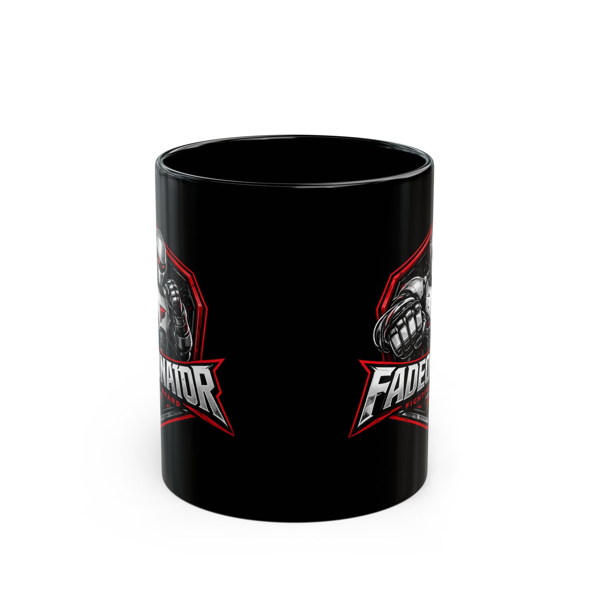 Fadeonator Fighting Brand Black Mug — Robotic Fighter Logo Coffee Cup (11oz/15oz)
