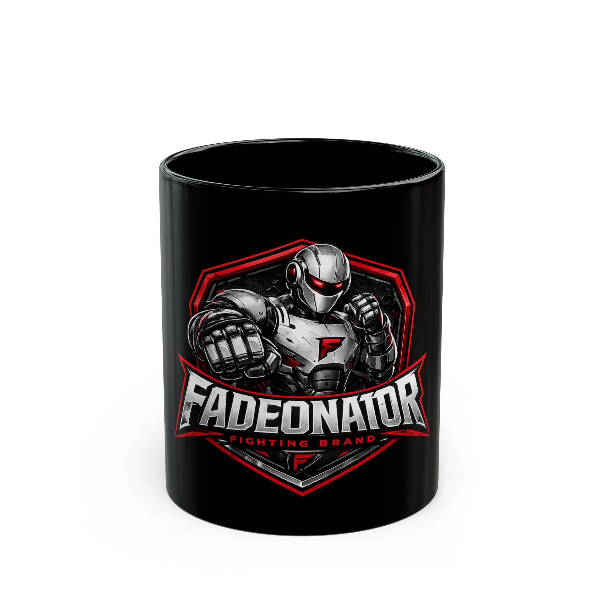 Fadeonator Fighting Brand Black Mug — Robotic Fighter Logo Coffee Cup (11oz/15oz)