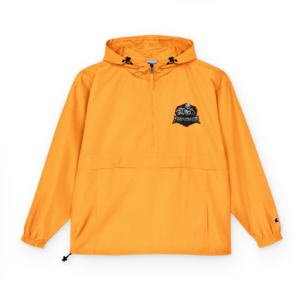 Packable Orange Anorak Jacket with Floral Skull Patch — Lightweight Windbreaker for Travel & Streetwear