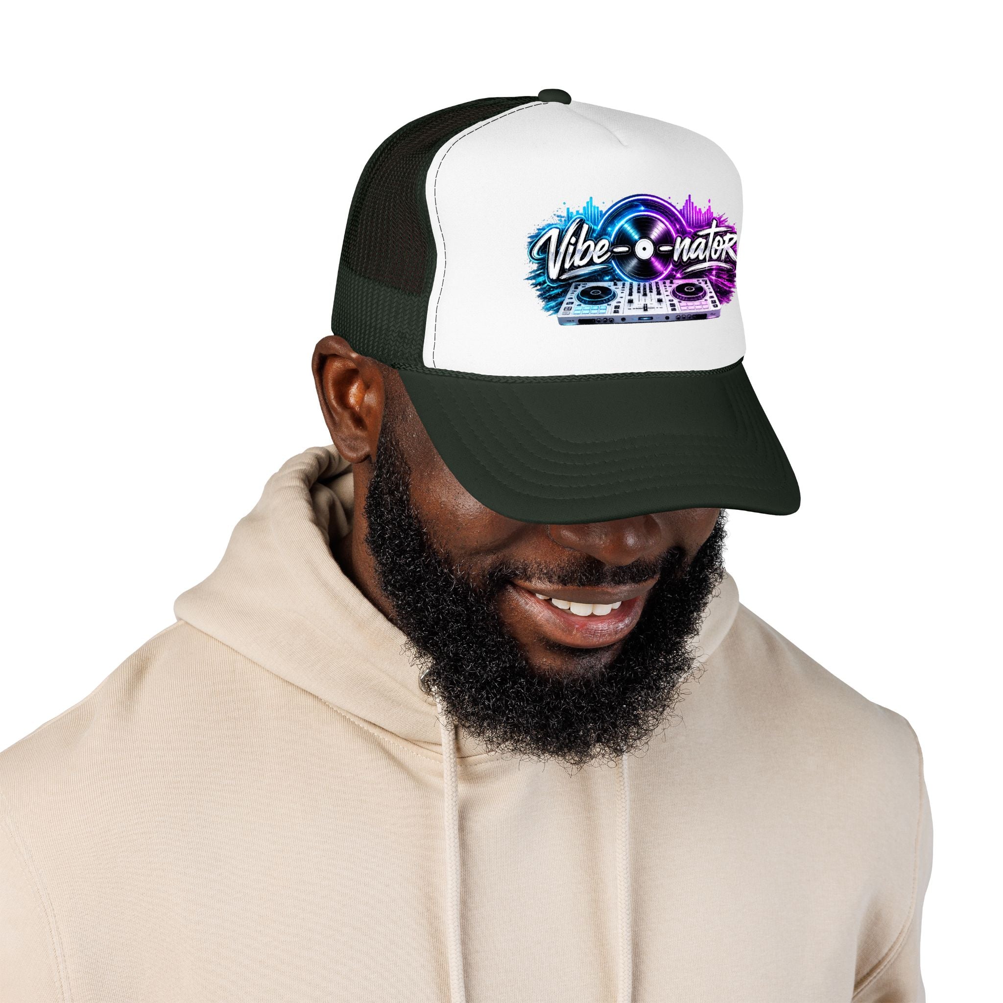 Vibe-nator Trucker Hat — Neon DJ Turntable Foam Hat