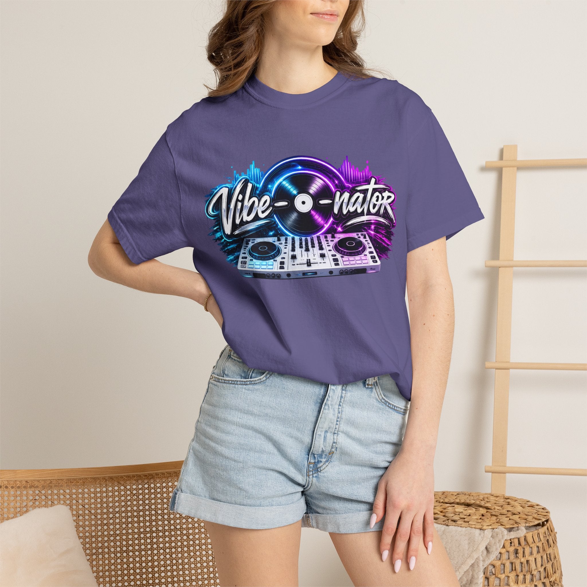 Vibe-o-nator DJ Turntable T-Shirt — Retro Neon Music Tee for DJs & Music Lovers