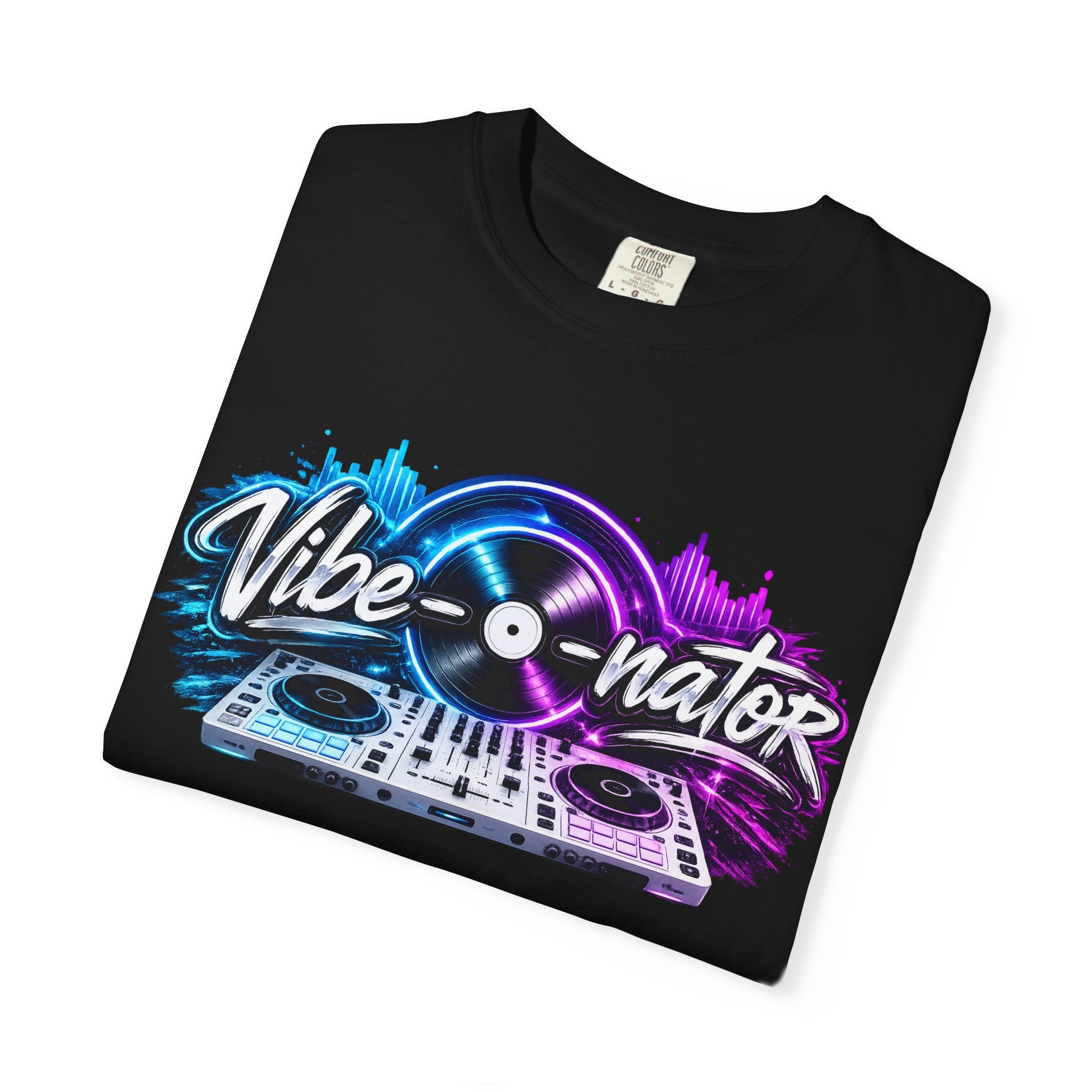 Vibe-o-nator DJ Turntable T-Shirt — Retro Neon Music Tee for DJs & Music Lovers