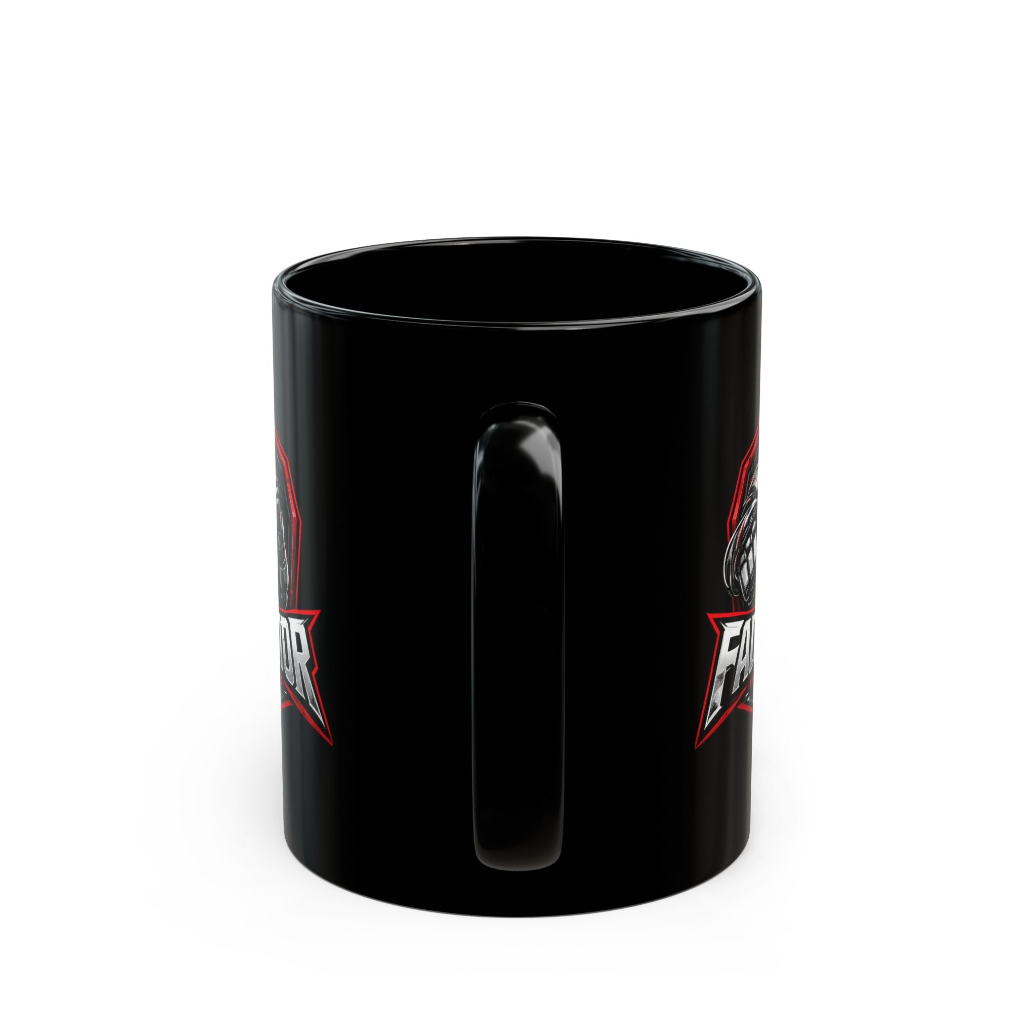 Fadeonator Fighting Brand Black Mug — Robotic Fighter Logo Coffee Cup (11oz/15oz)