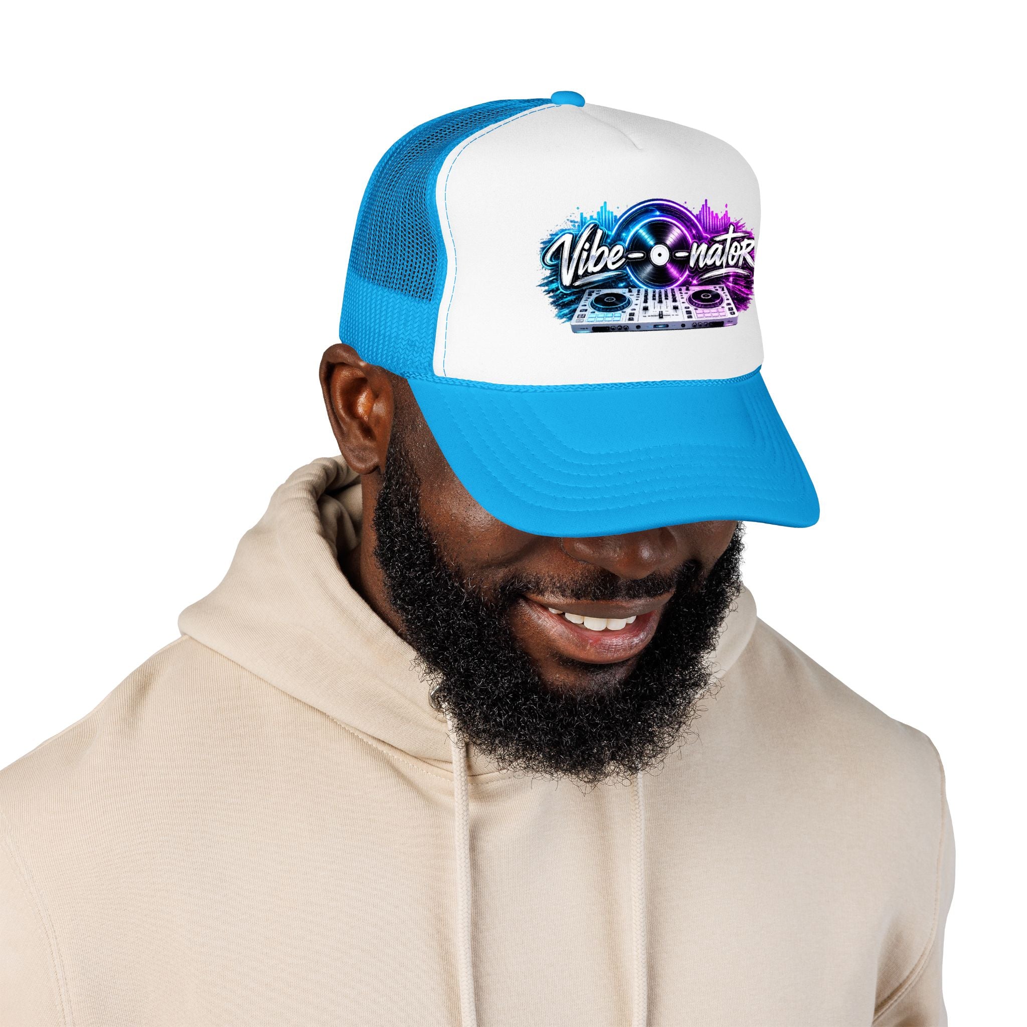 Vibe-nator Trucker Hat — Neon DJ Turntable Foam Hat