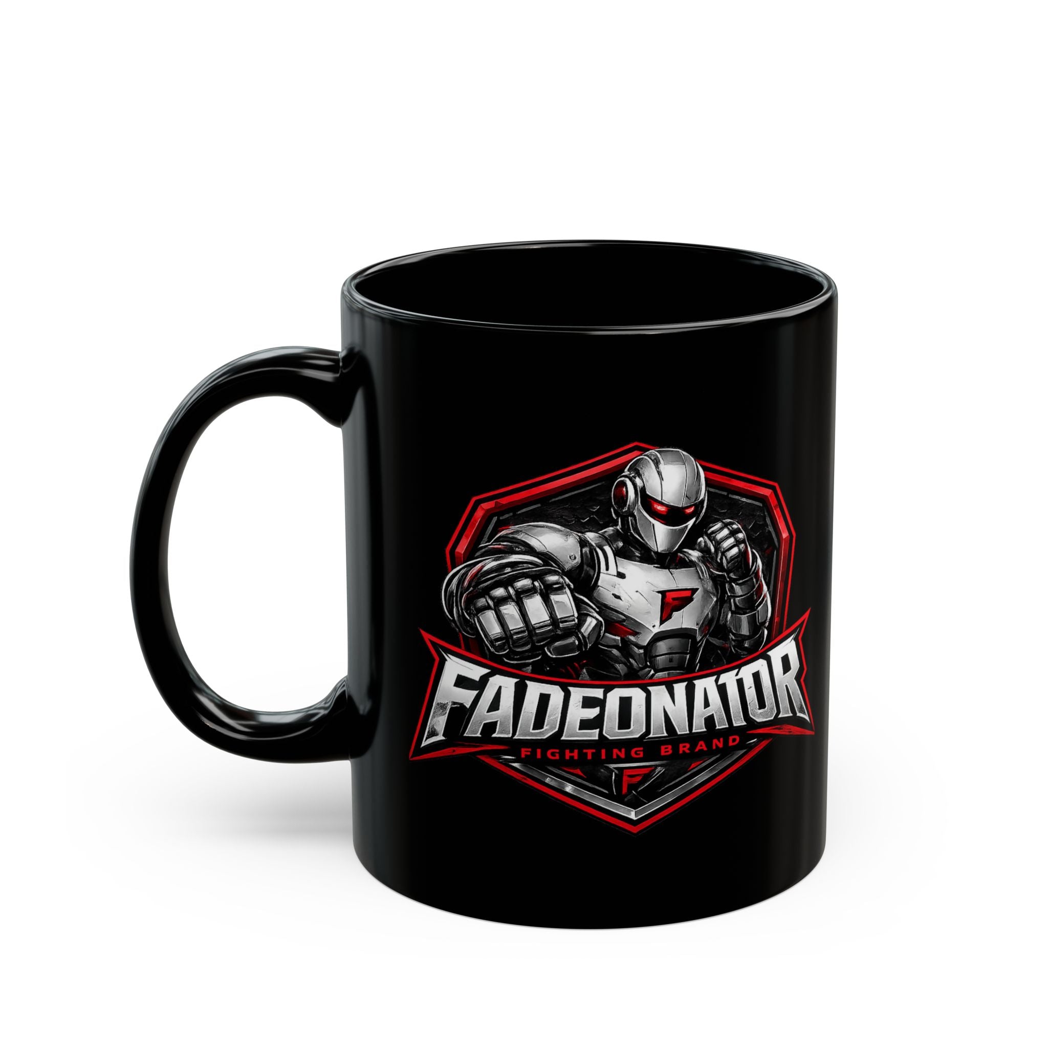 Fadeonator Fighting Brand Black Mug — Robotic Fighter Logo Coffee Cup (11oz/15oz)