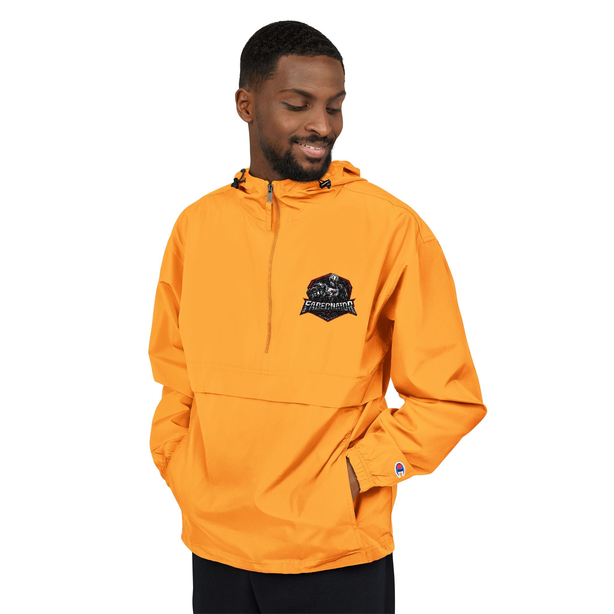 Packable Orange Anorak Jacket with Floral Skull Patch — Lightweight Windbreaker for Travel & Streetwear