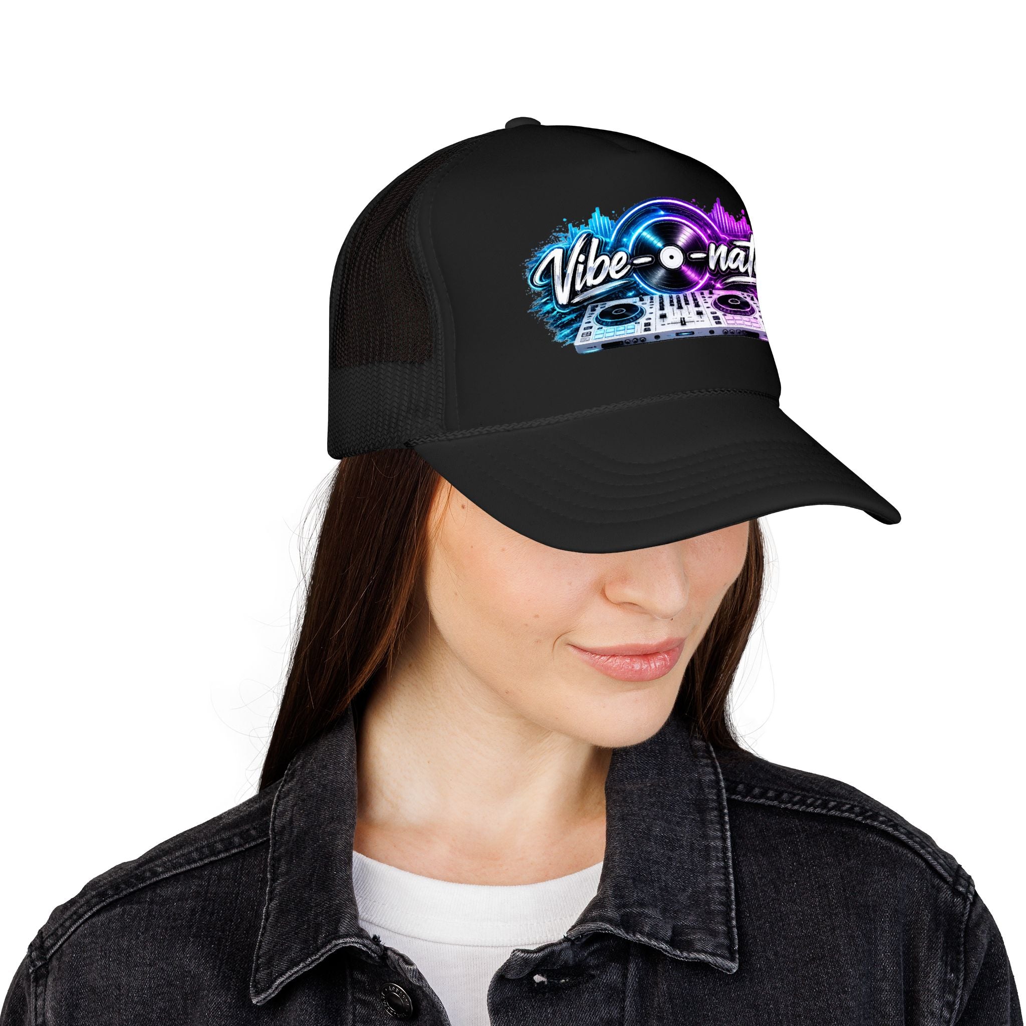 Vibe-nator Trucker Hat — Neon DJ Turntable Foam Hat