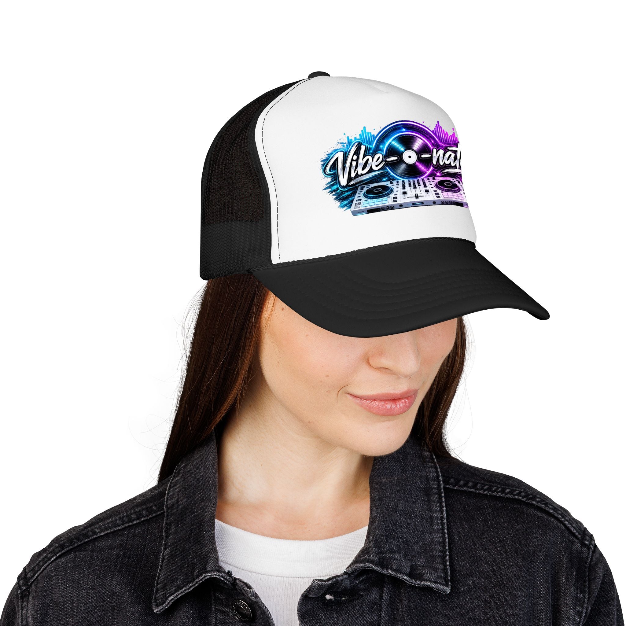 Vibe-nator Trucker Hat — Neon DJ Turntable Foam Hat