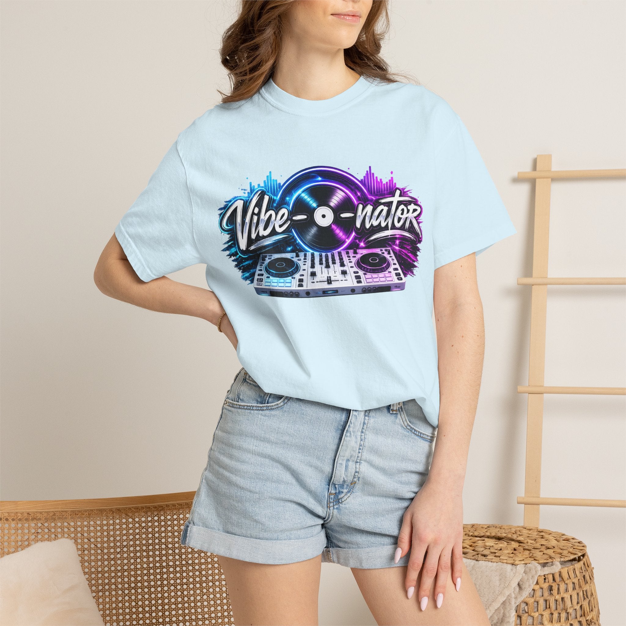 Vibe-o-nator DJ Turntable T-Shirt — Retro Neon Music Tee for DJs & Music Lovers