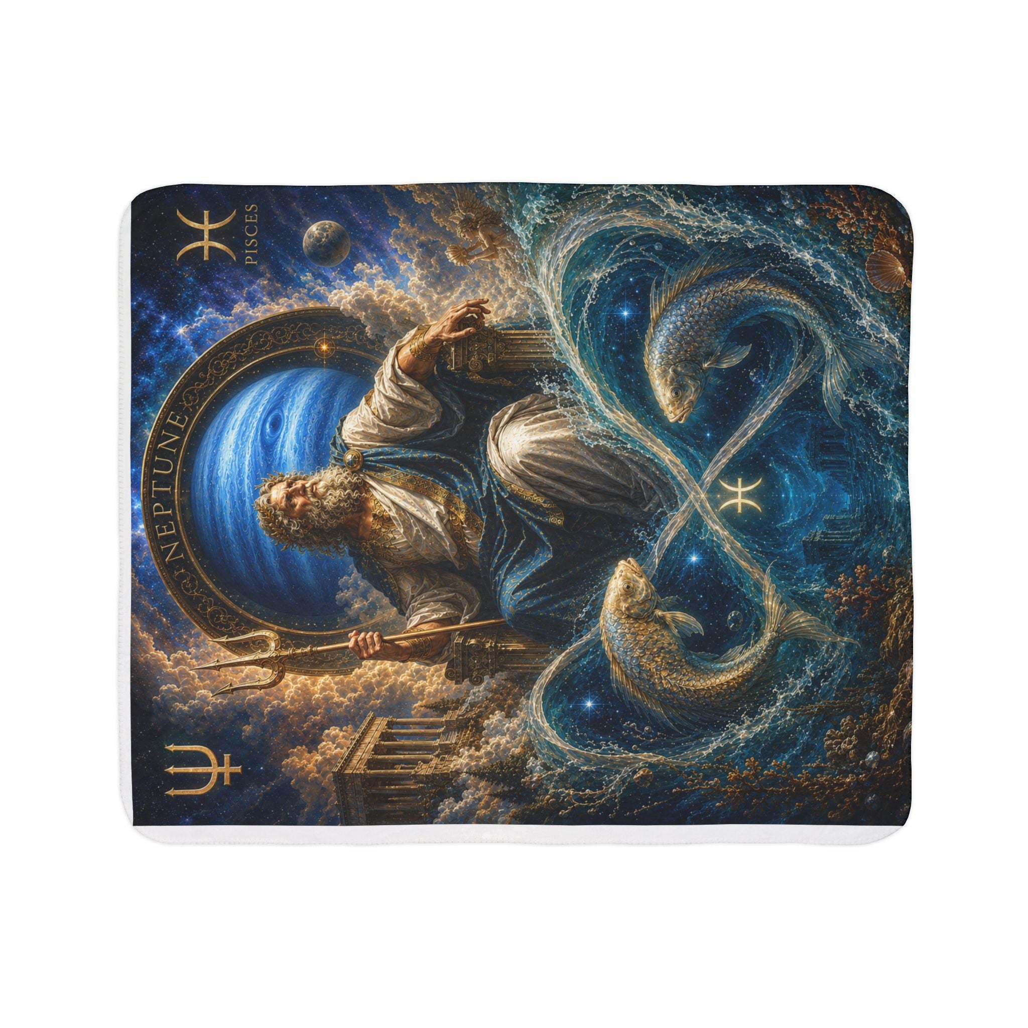 Pisces Zodiac Sherpa Blanket — Neptune Poseidon Astrological Fleece Throw
