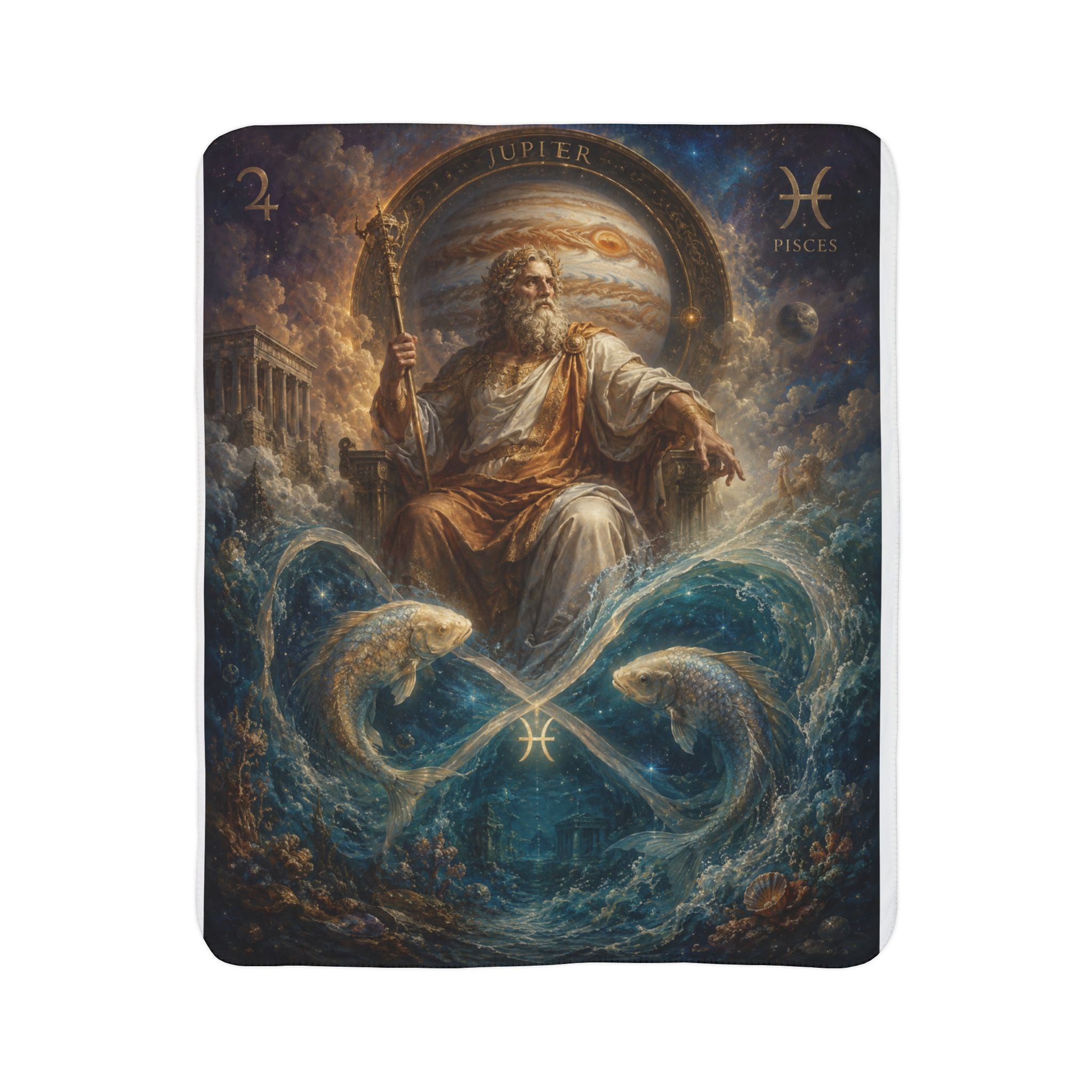 Pisces Zodiac Sherpa Blanket — Neptune Poseidon Astrological Fleece Throw