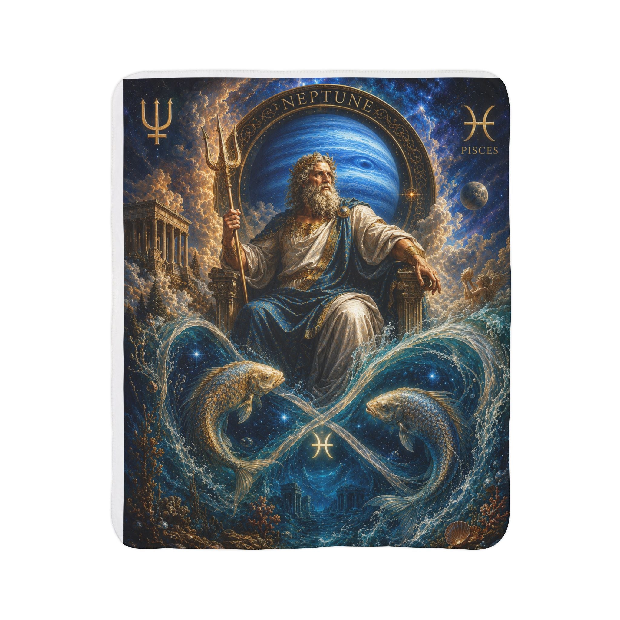 Pisces Zodiac Sherpa Blanket — Neptune Poseidon Astrological Fleece Throw