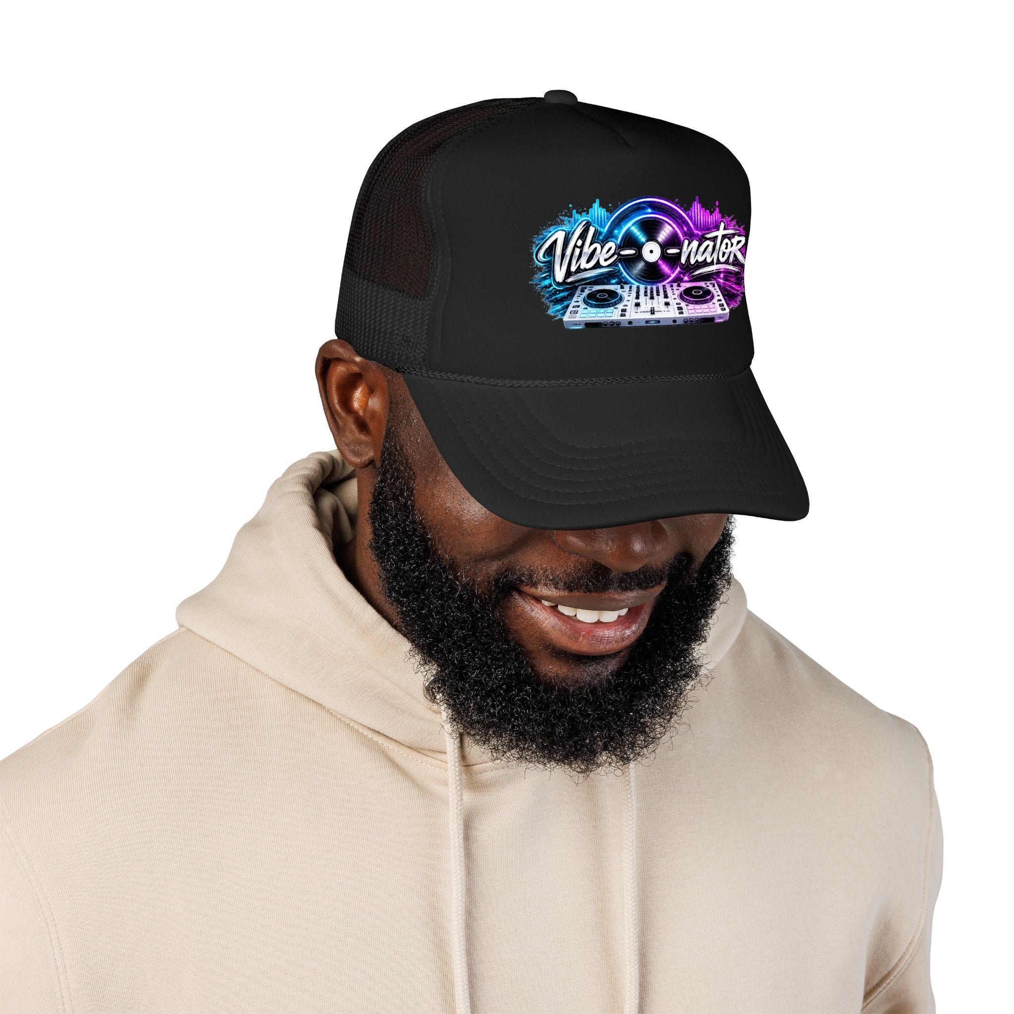 Vibe-nator Trucker Hat — Neon DJ Turntable Foam Hat