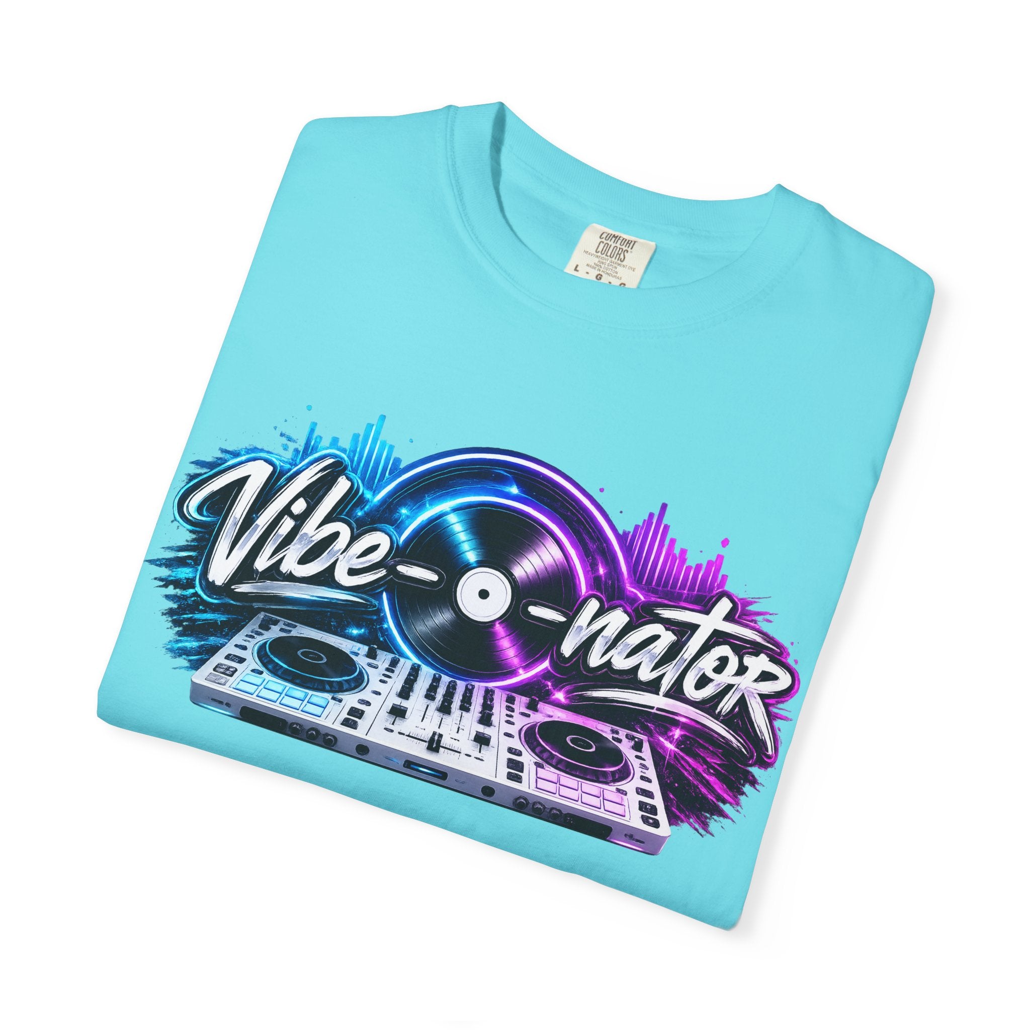 Vibe-o-nator DJ Turntable T-Shirt — Retro Neon Music Tee for DJs & Music Lovers